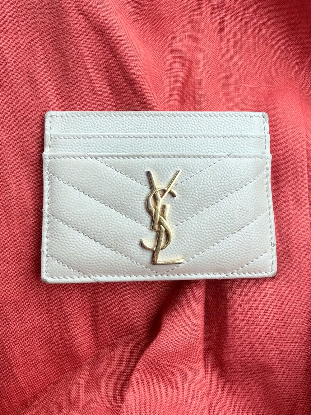 Saint Laurent Cream Quilted Card Case with Gold YSL Emblem
